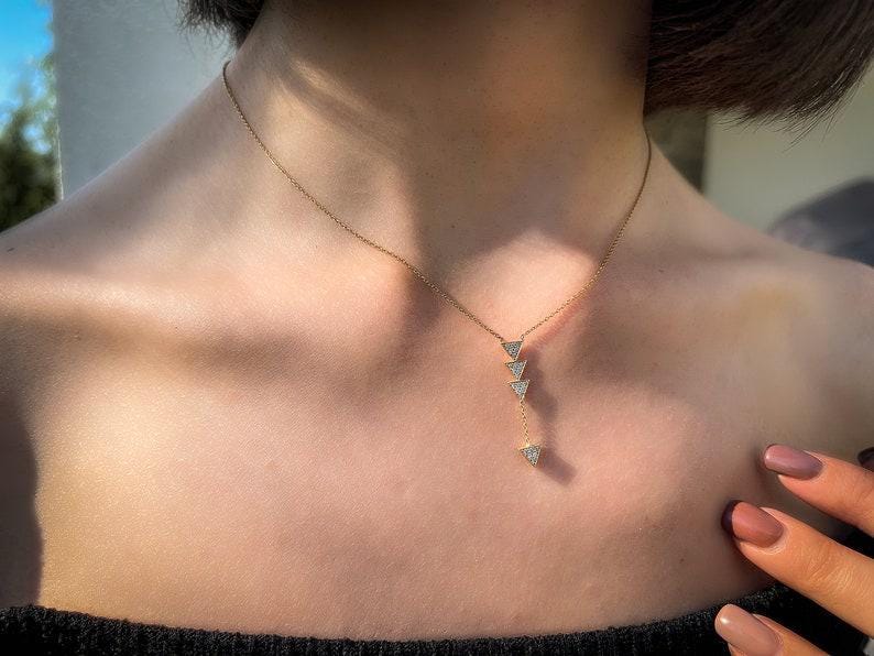 18k Solid Gold Diamond Triangle Lariat Necklace, Geometric Pendant,