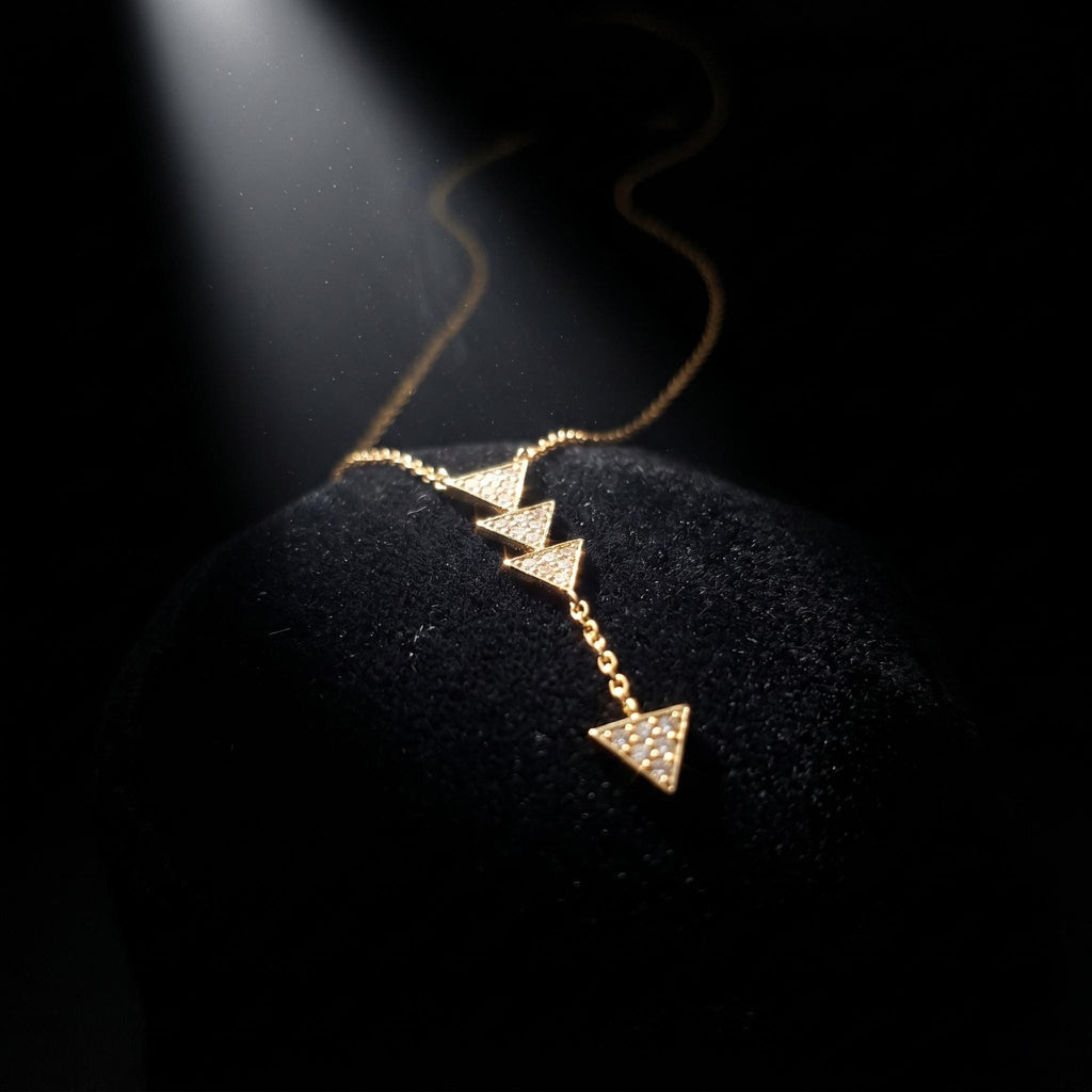 18k Solid Gold Diamond Triangle Lariat Necklace, Geometric Pendant,
