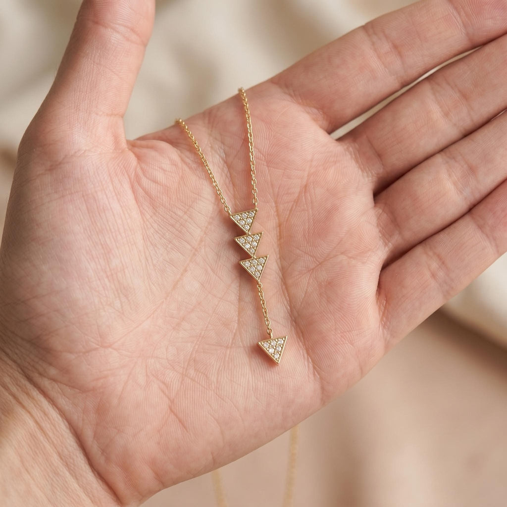 18k Solid Gold Diamond Triangle Lariat Necklace, Geometric Pendant,