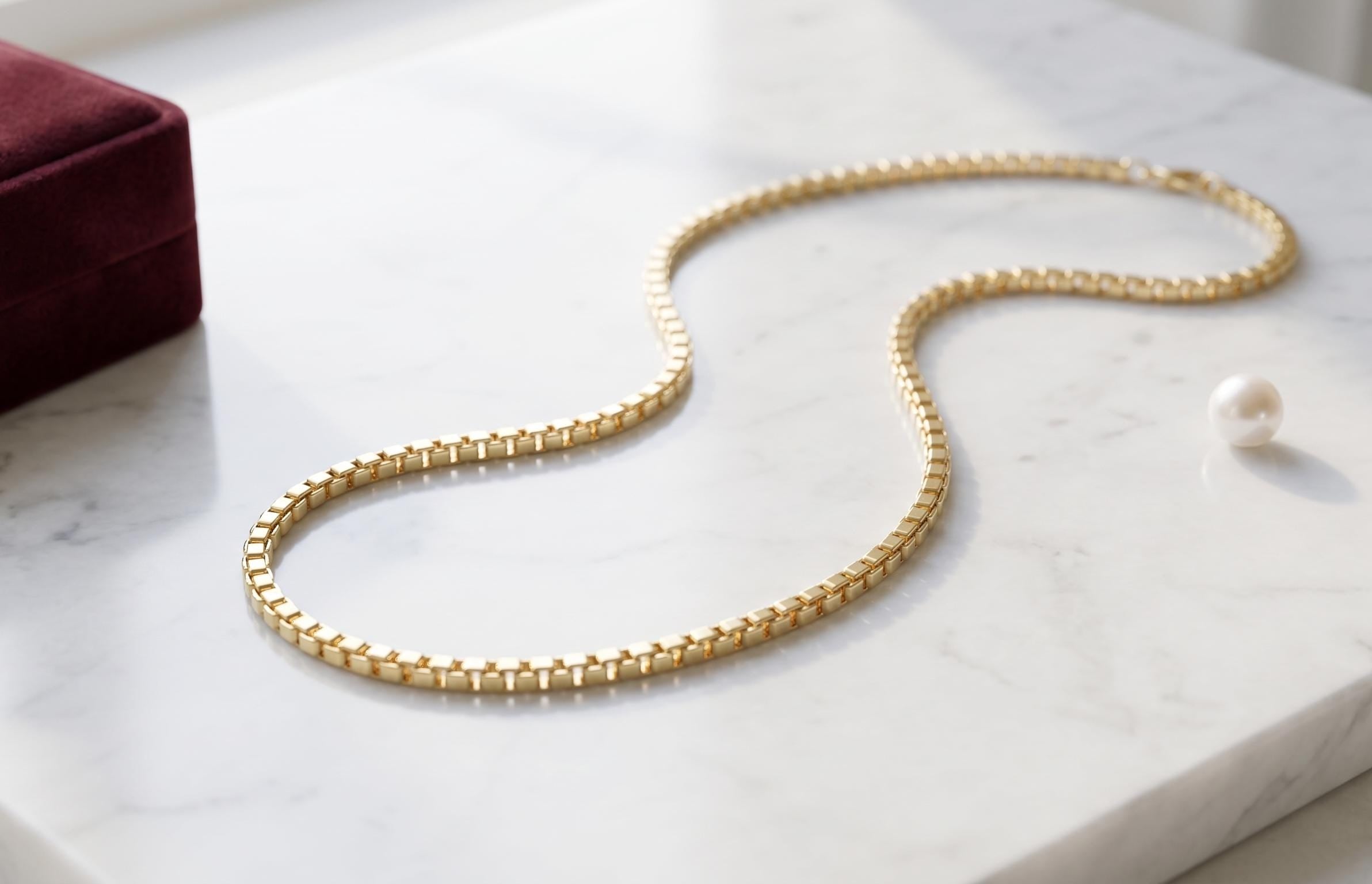 18k Solid Gold Box Chain Necklace, 2mm thickness