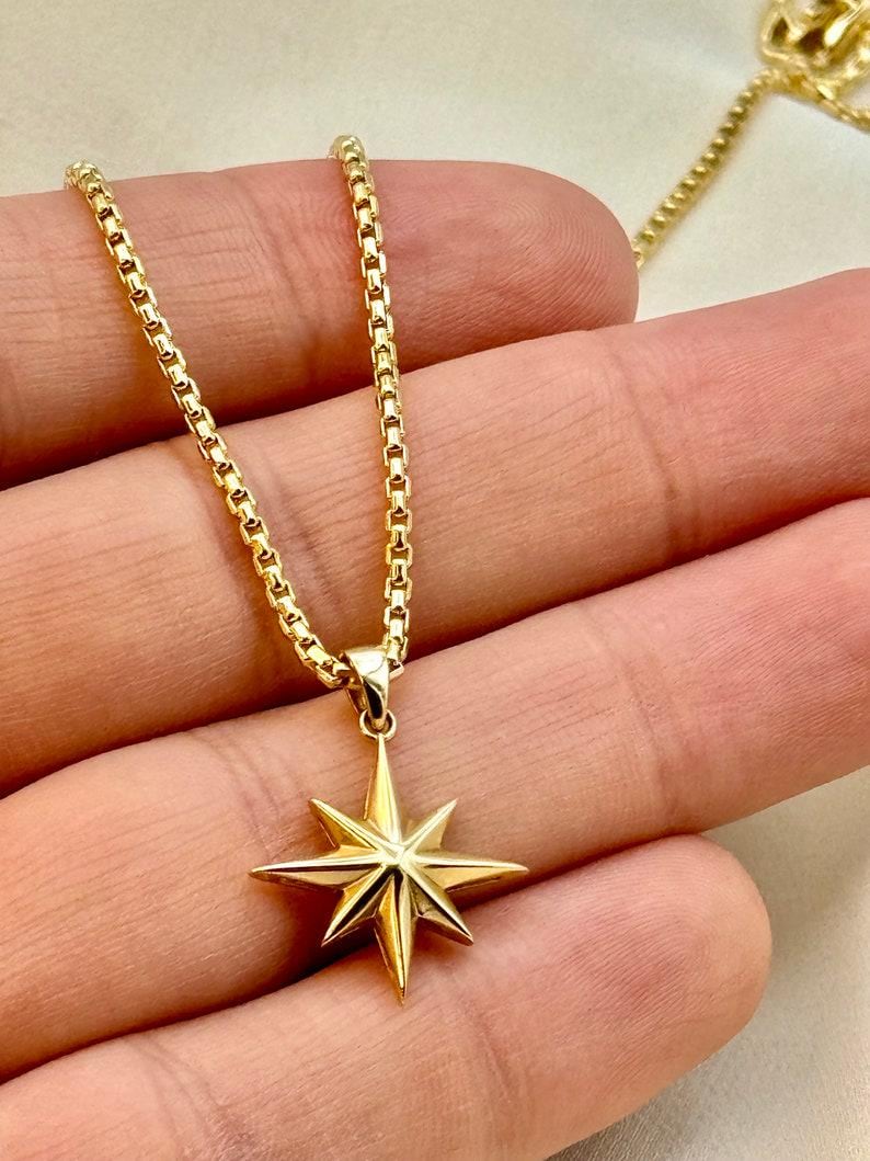 14k Gold Compass Star Necklace,2mm box chain: Traveler Charm Pendant