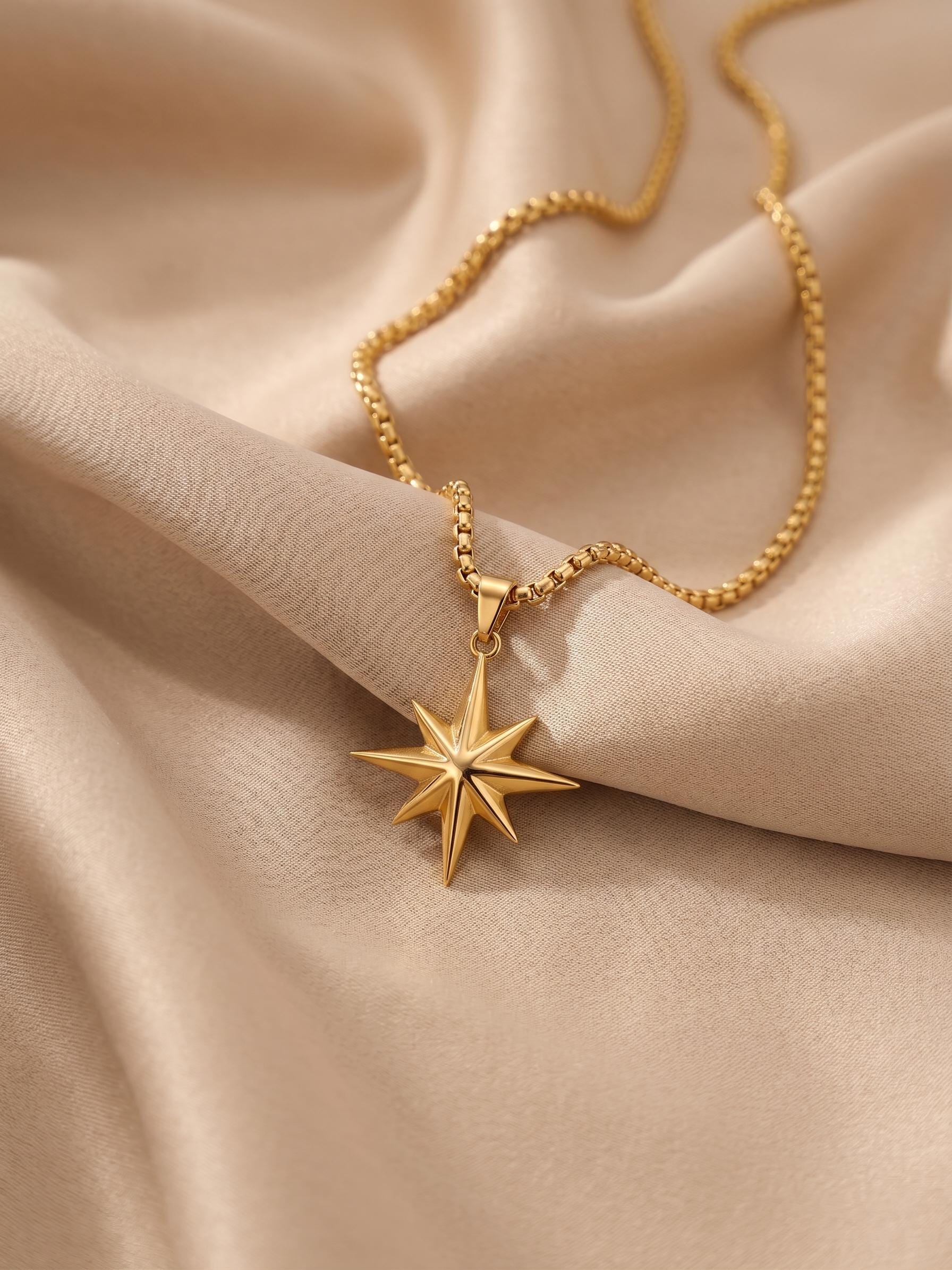 14k Gold Compass Star Necklace,2mm box chain: Traveler Charm Pendant