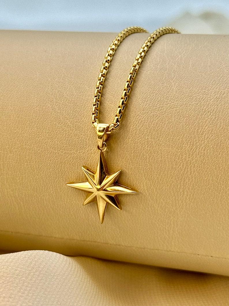 14k Gold Compass Star Necklace,2mm box chain: Traveler Charm Pendant