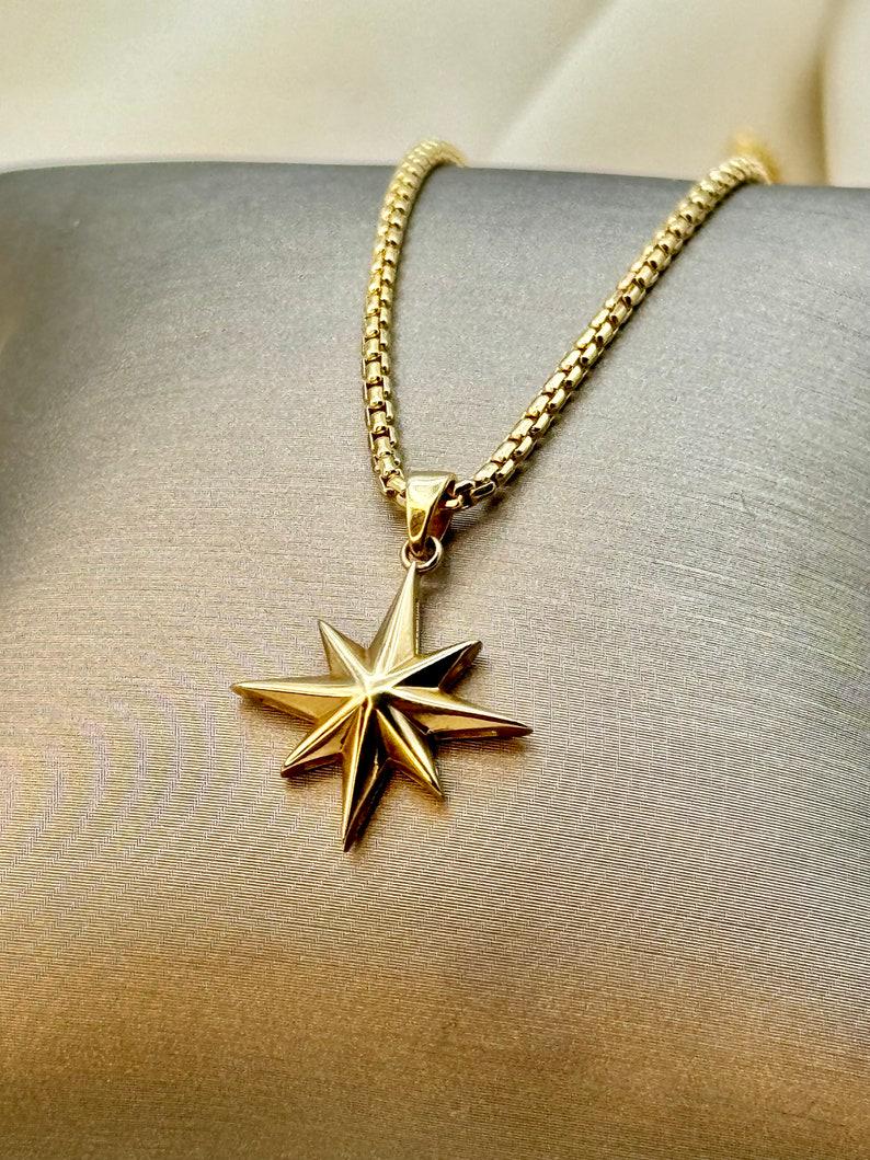 14k Gold Compass Star Necklace,2mm box chain: Traveler Charm Pendant