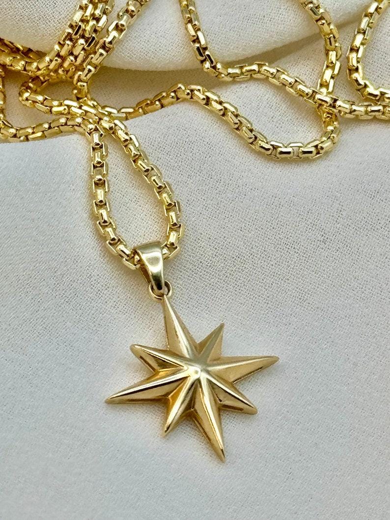 14k Gold Compass Star Necklace,2mm box chain: Traveler Charm Pendant