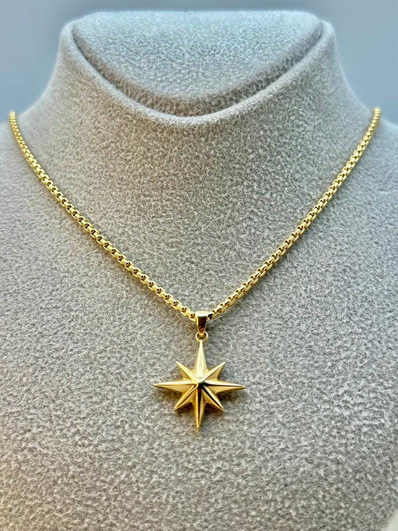 14k Gold Compass Star Necklace,2mm box chain: Traveler Charm Pendant
