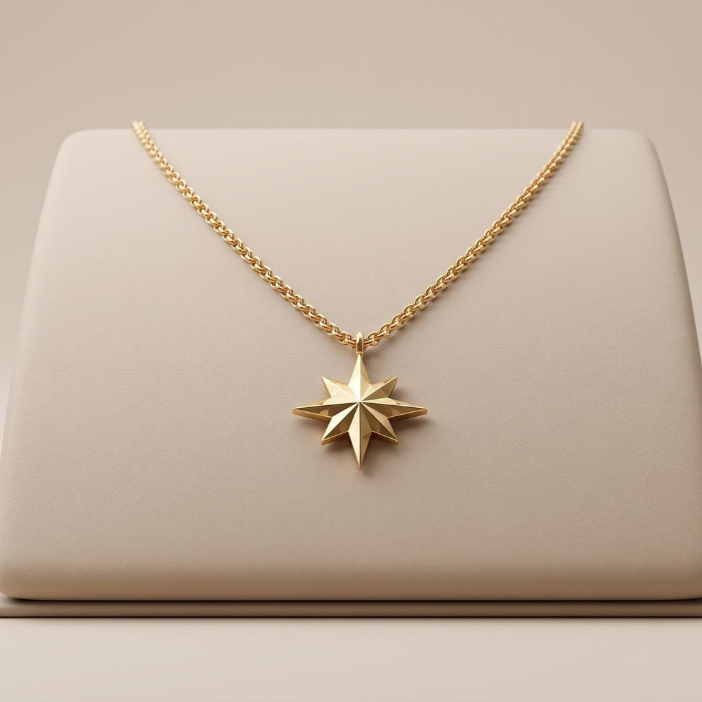 14k Gold Compass Star Necklace,2mm box chain: Traveler Charm Pendant