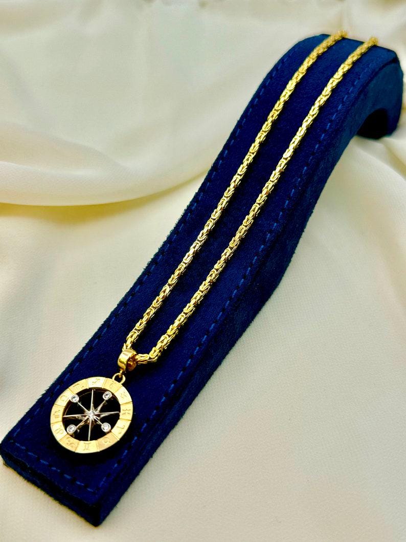 14K Gold Compass Pendant Necklace: Byzantine Chain,