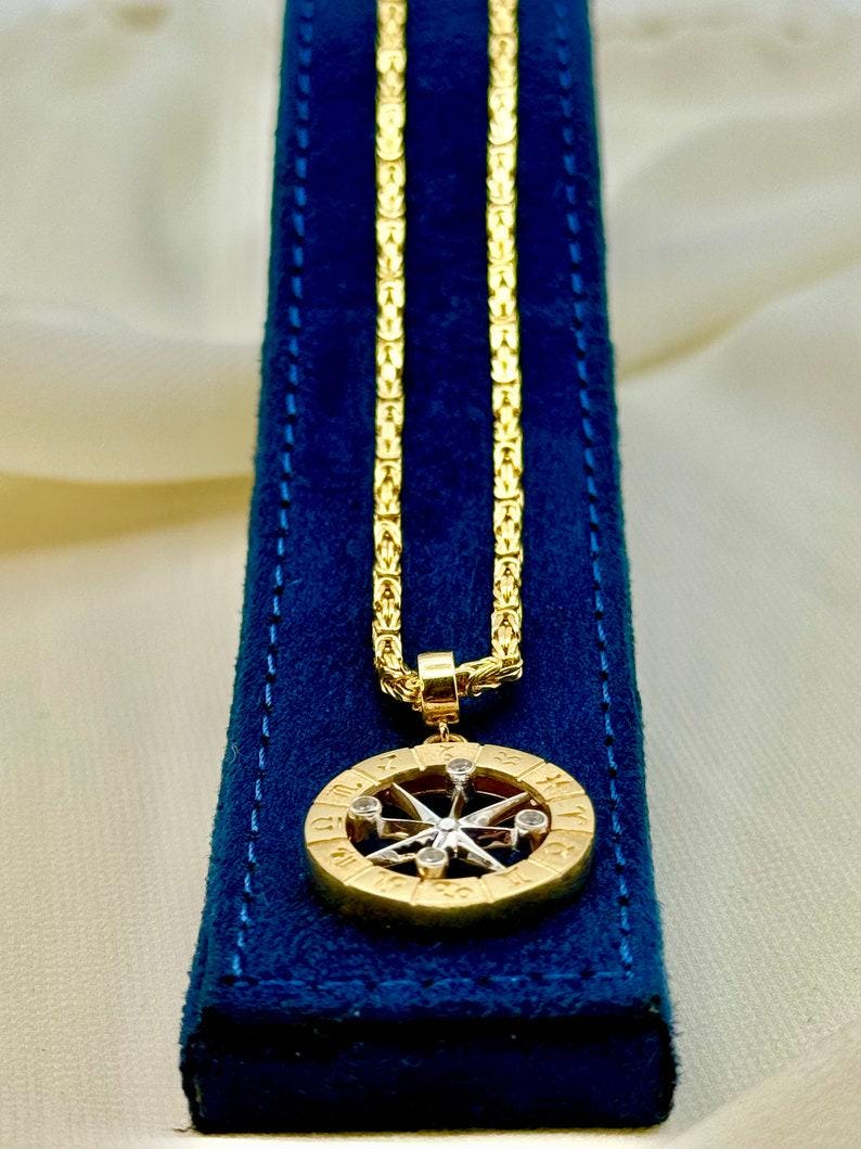 14K Gold Compass Pendant Necklace: Byzantine Chain,
