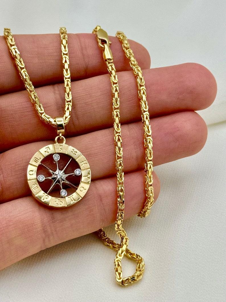 14K Gold Compass Pendant Necklace: Byzantine Chain,