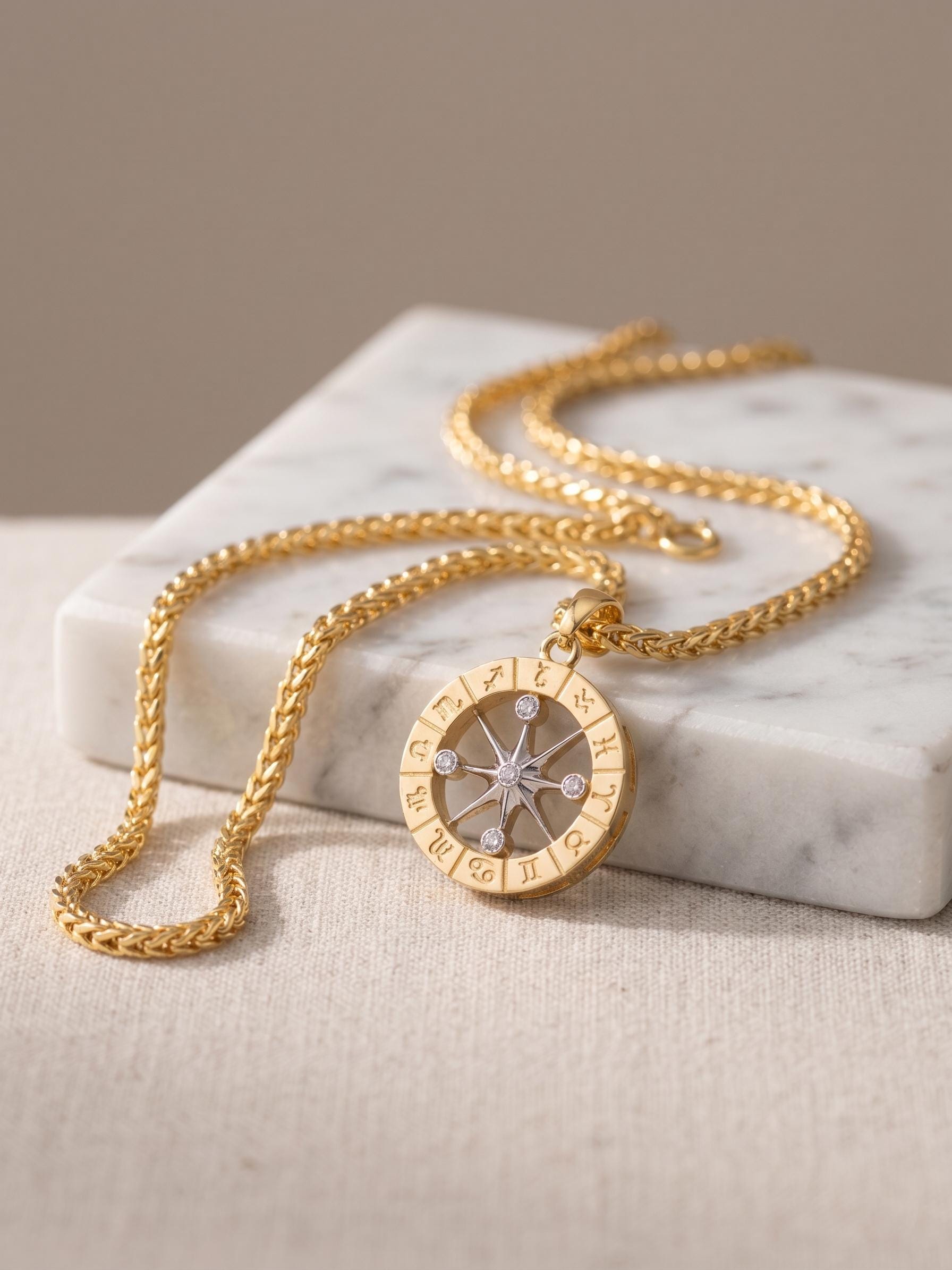 14K Gold Compass Pendant Necklace: Byzantine Chain,