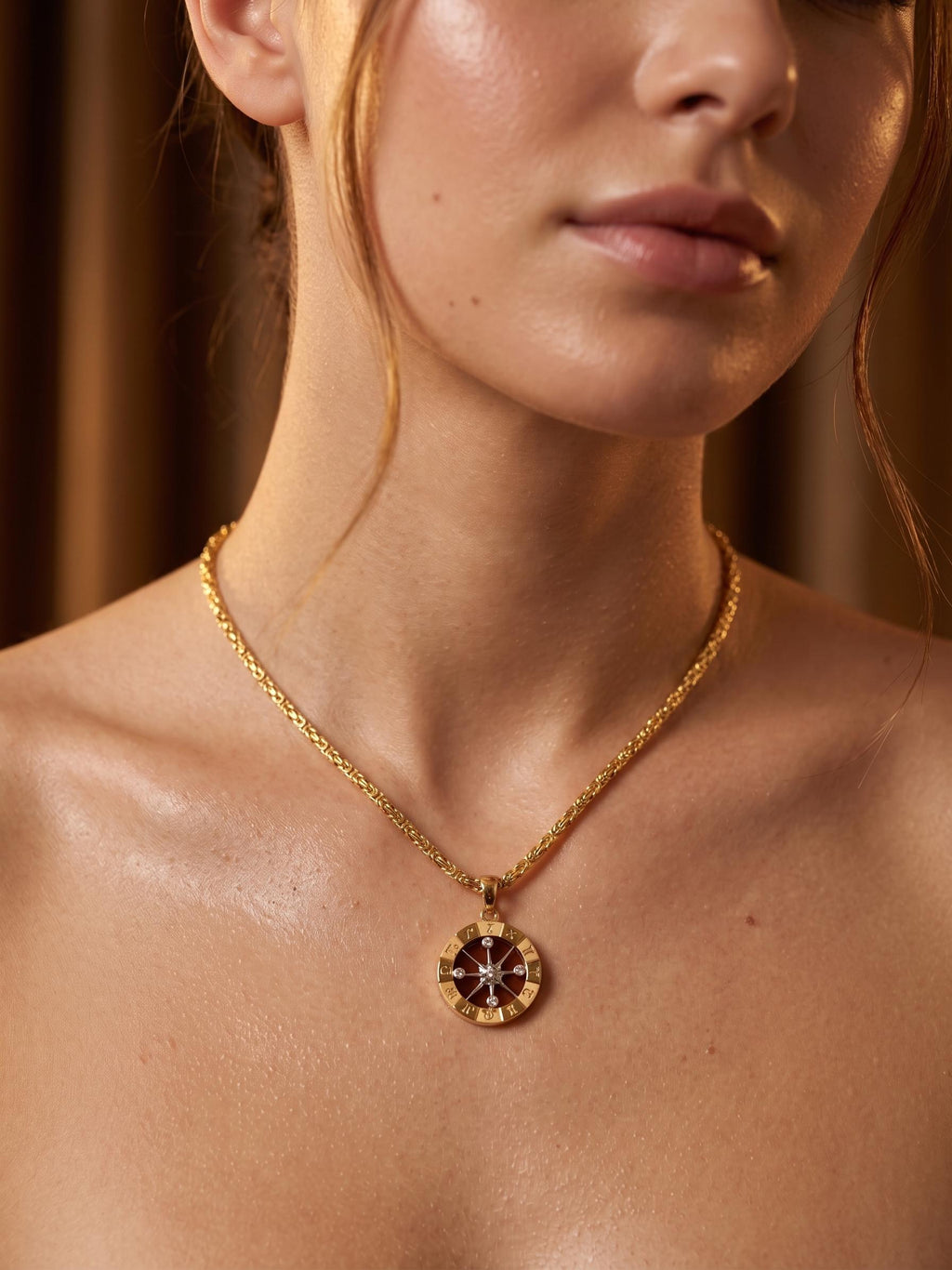 14K Gold Compass Pendant Necklace: Byzantine Chain,