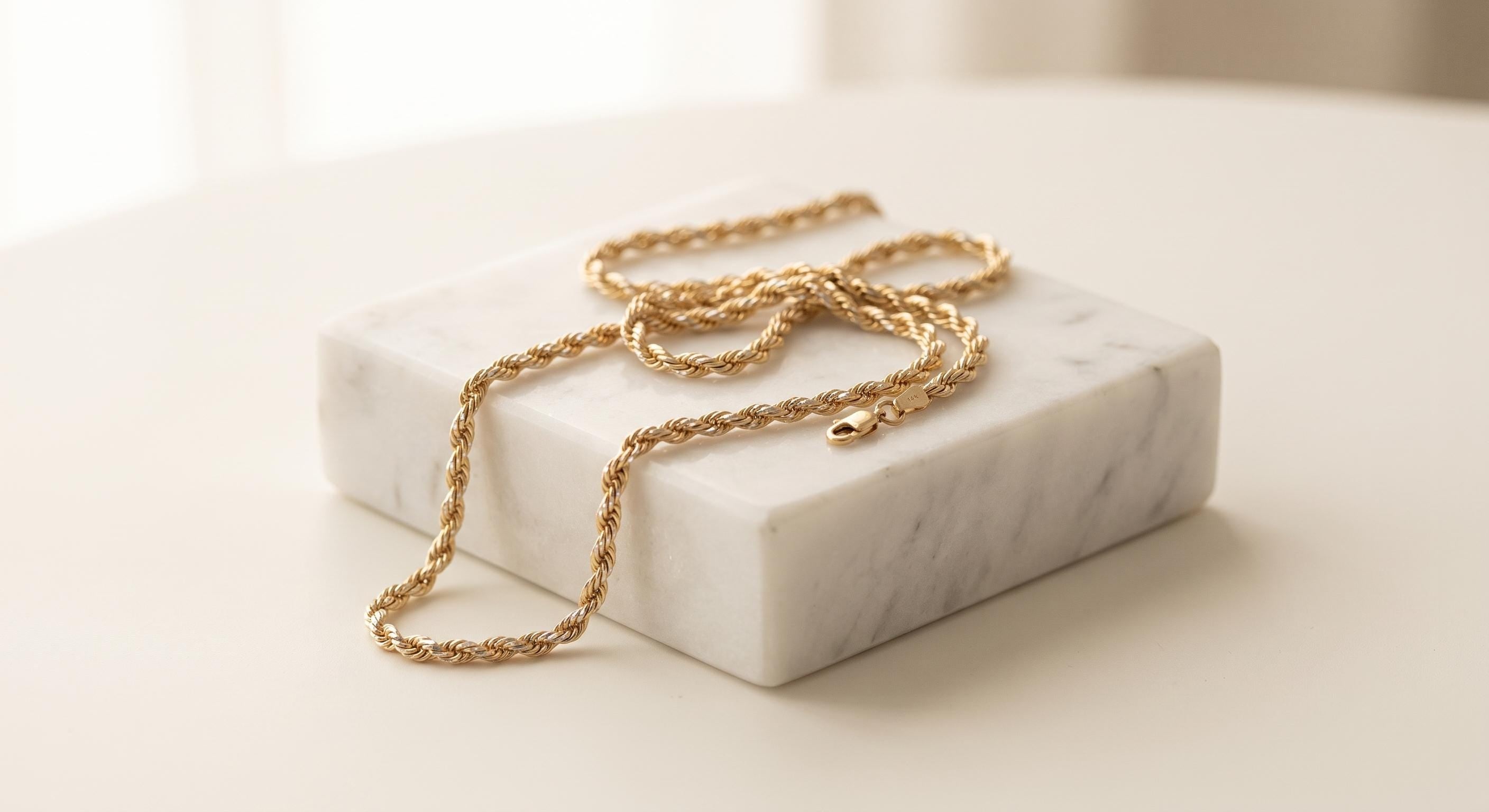 14k Real Gold Rope Chain Necklace - Diamond Cut, 2mm