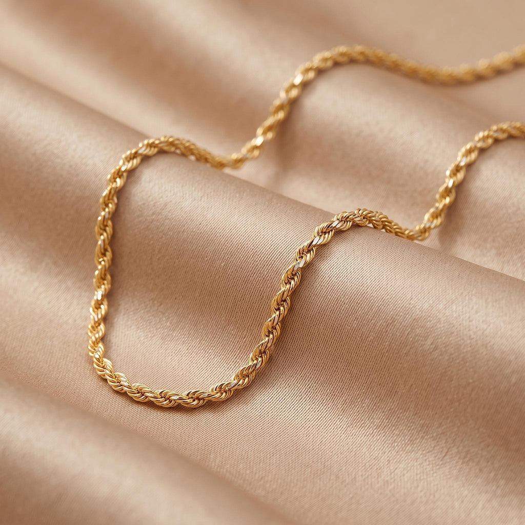 14k Real Gold Rope Chain Necklace - Diamond Cut, 2mm