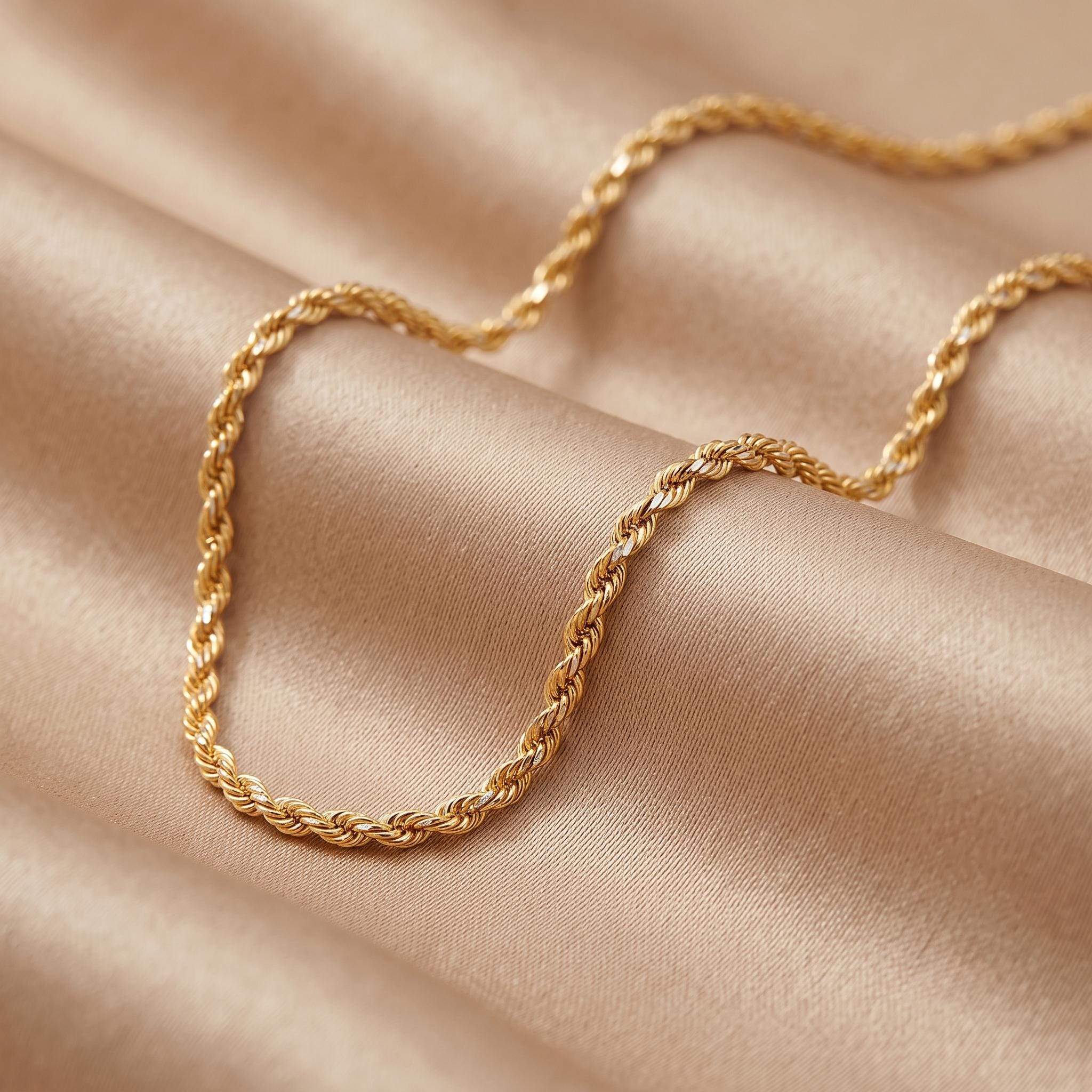 14k Real Gold Rope Chain Necklace - Diamond Cut, 2mm