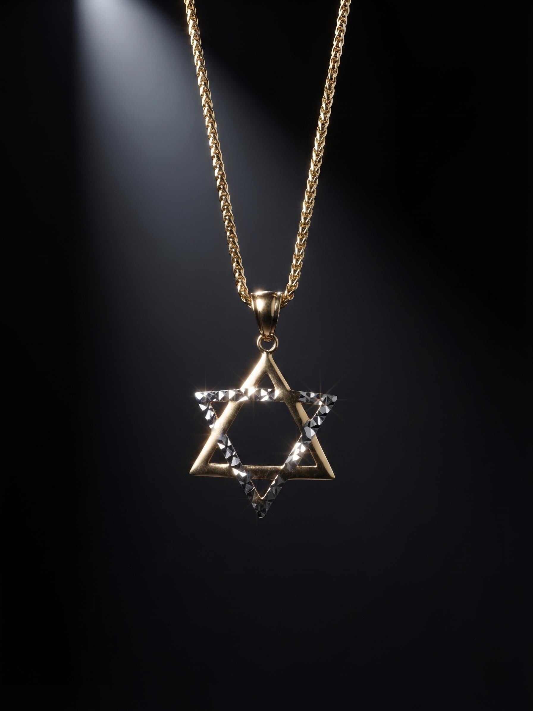 14k solid Gold Magen David Diamond cut, Franco Chain 21.5 inches 1.5 mm