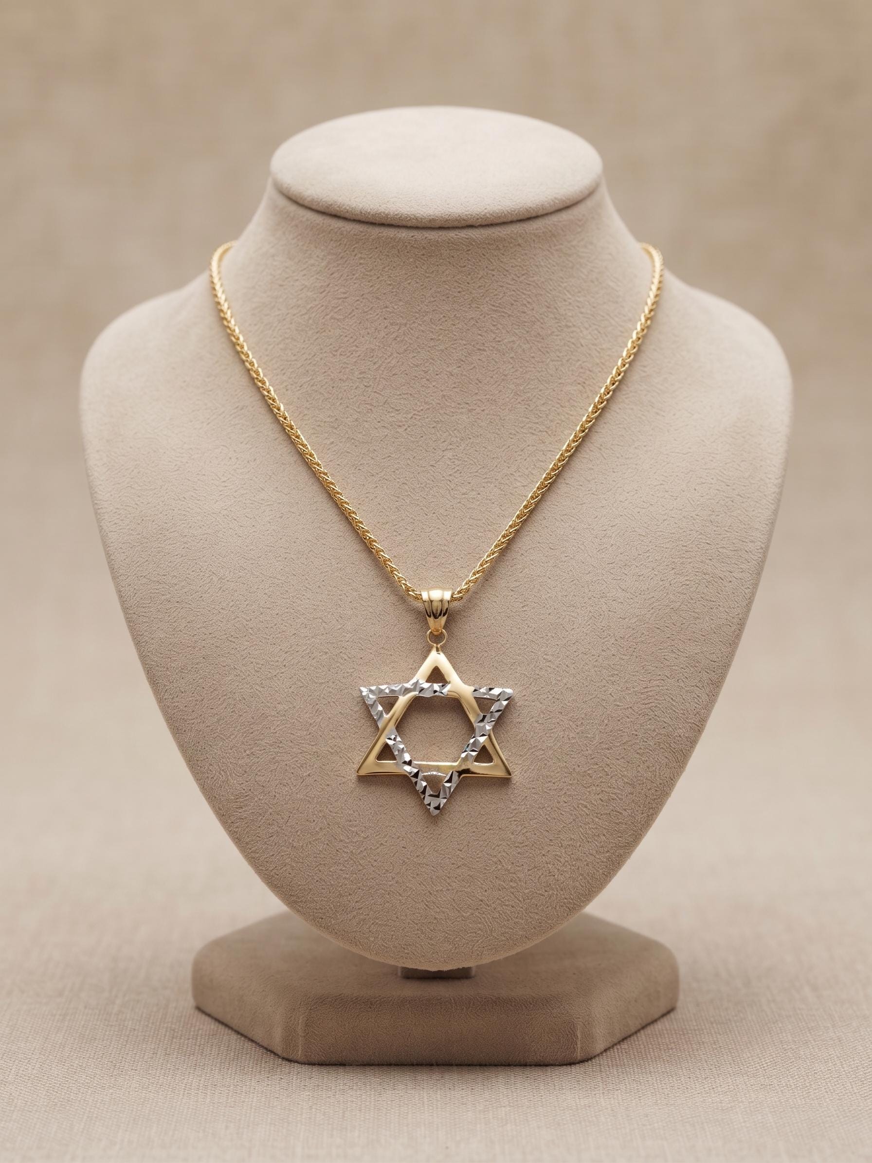 14k solid Gold Magen David Diamond cut, Franco Chain 21.5 inches 1.5 mm