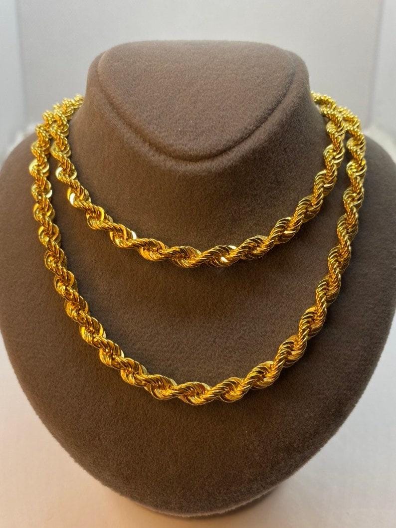 18K Gold Rope Chain: Diamond Cut Twisted Necklace, 4mm and 5mm