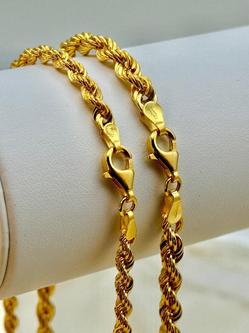 18K Gold Rope Chain: Diamond Cut Twisted Necklace, 4mm and 5mm