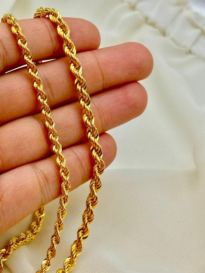 18K Gold Rope Chain: Diamond Cut Twisted Necklace, 4mm and 5mm