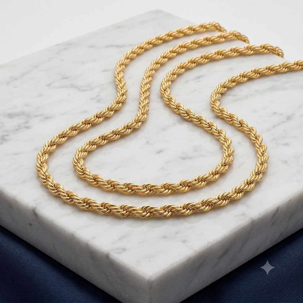 18K Gold Rope Chain: Diamond Cut Twisted Necklace, 4mm and 5mm