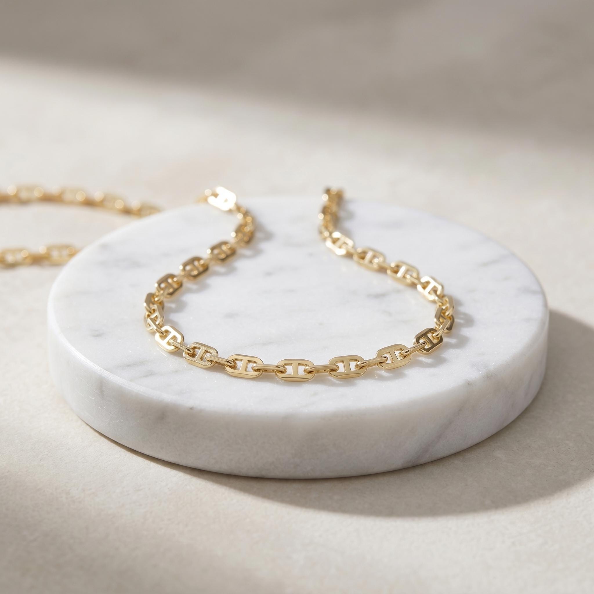 18k Gold Anchor Chain Necklace or Bracelet, 2.5mm and 3.5mm Mariner Link