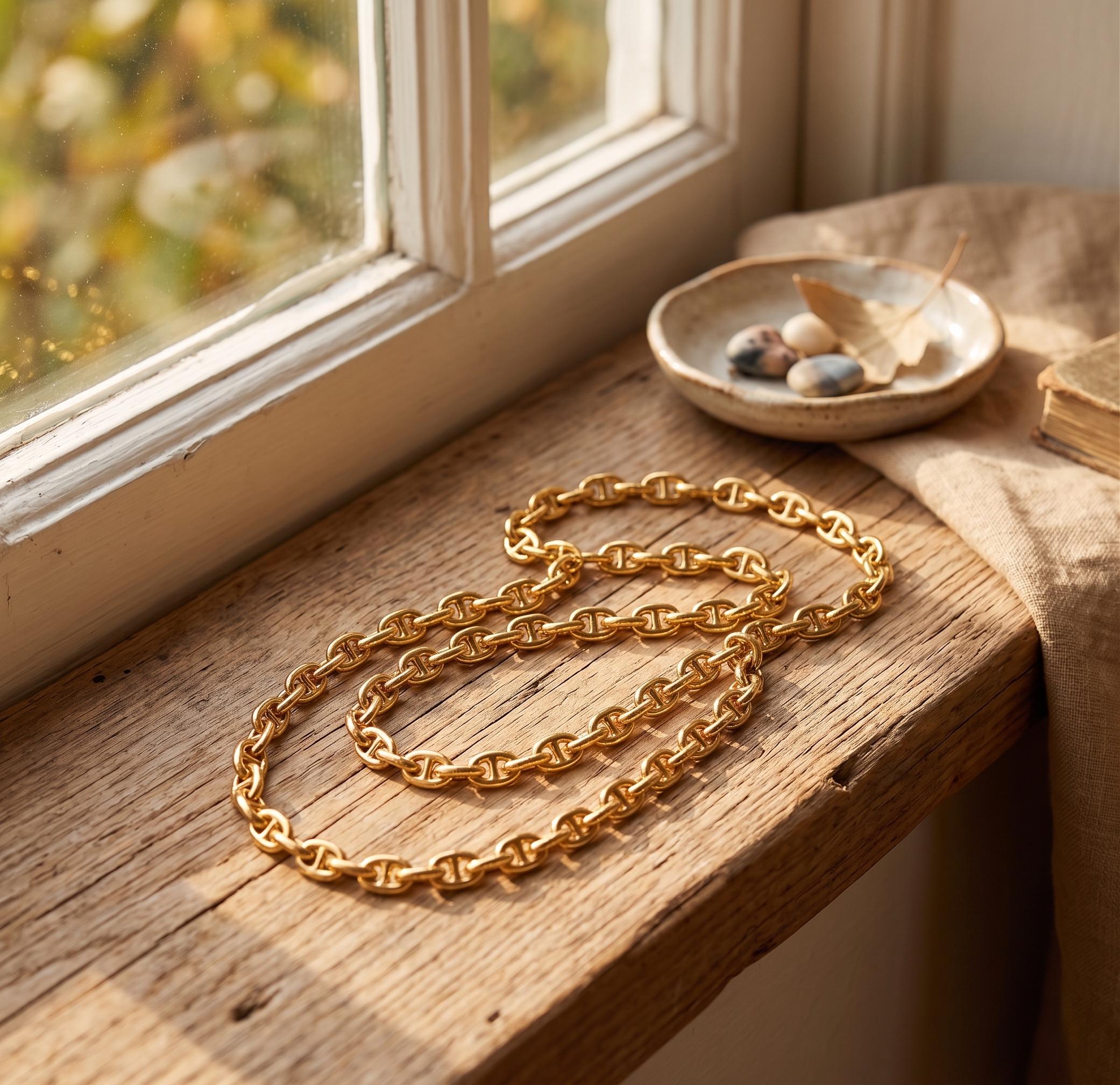 18k Gold Anchor Chain Necklace, 3.5mm Mariner Link