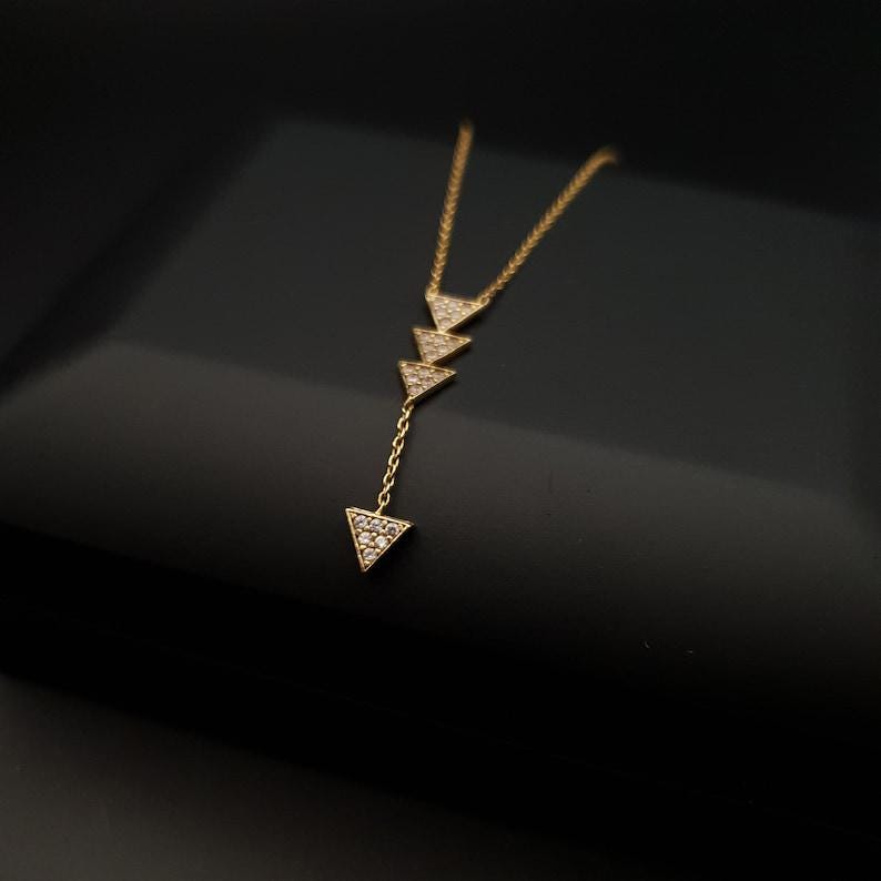 18k Solid Gold Diamond Triangle Lariat Necklace, Geometric Pendant,