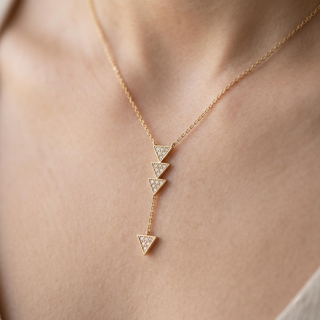 18k Solid Gold Diamond Triangle Lariat Necklace, Geometric Pendant,