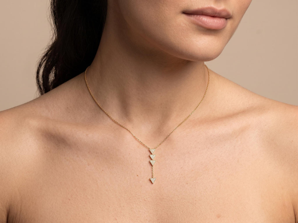 18k Solid Gold Diamond Triangle Lariat Necklace, Geometric Pendant,