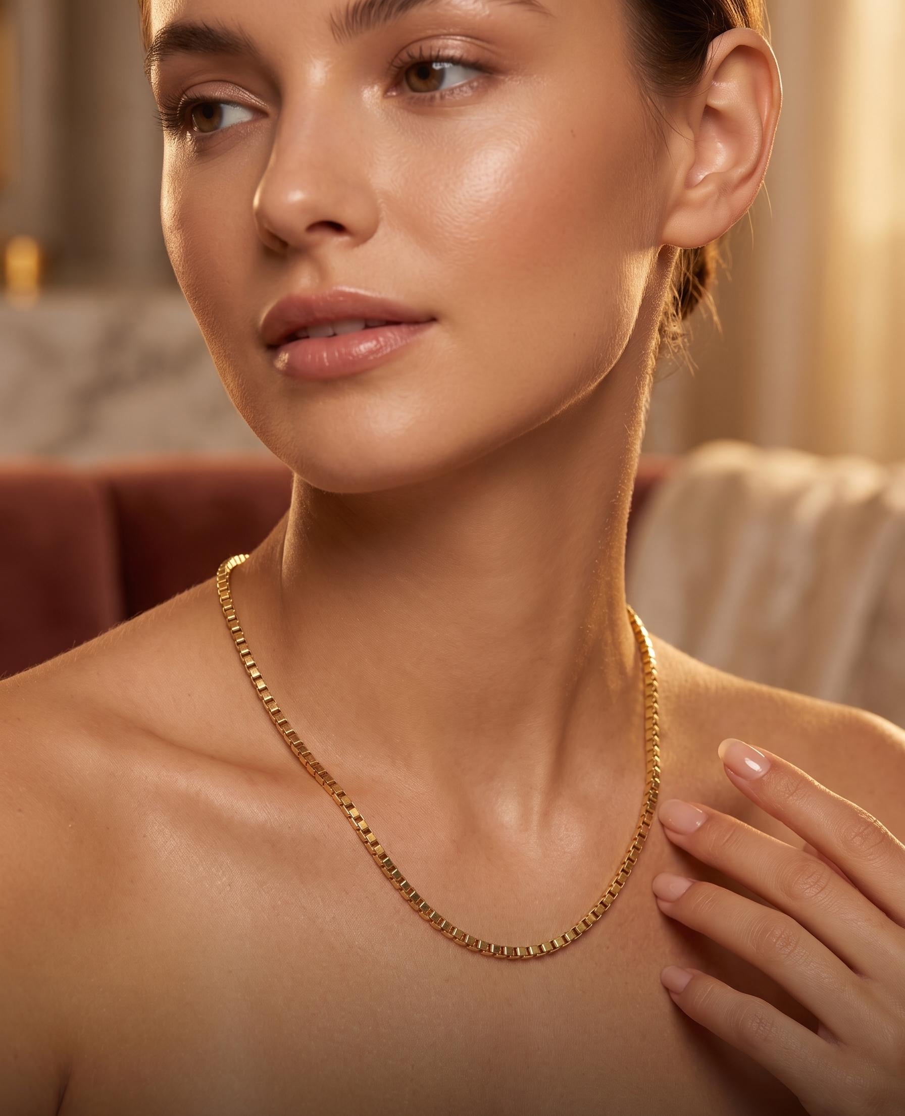 18k Solid Gold Box Chain Necklace, 2mm thickness