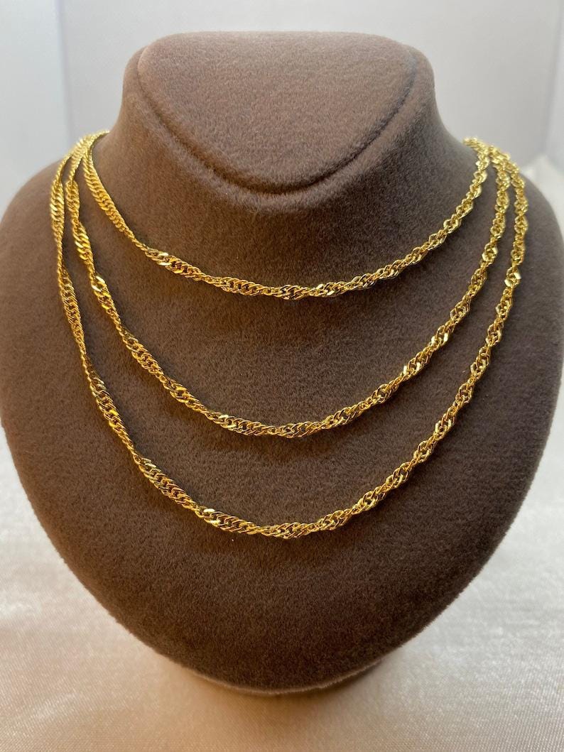 18k Real Gold Singapore Chain Necklace: Diamond Cut Twisted Unisex Chain