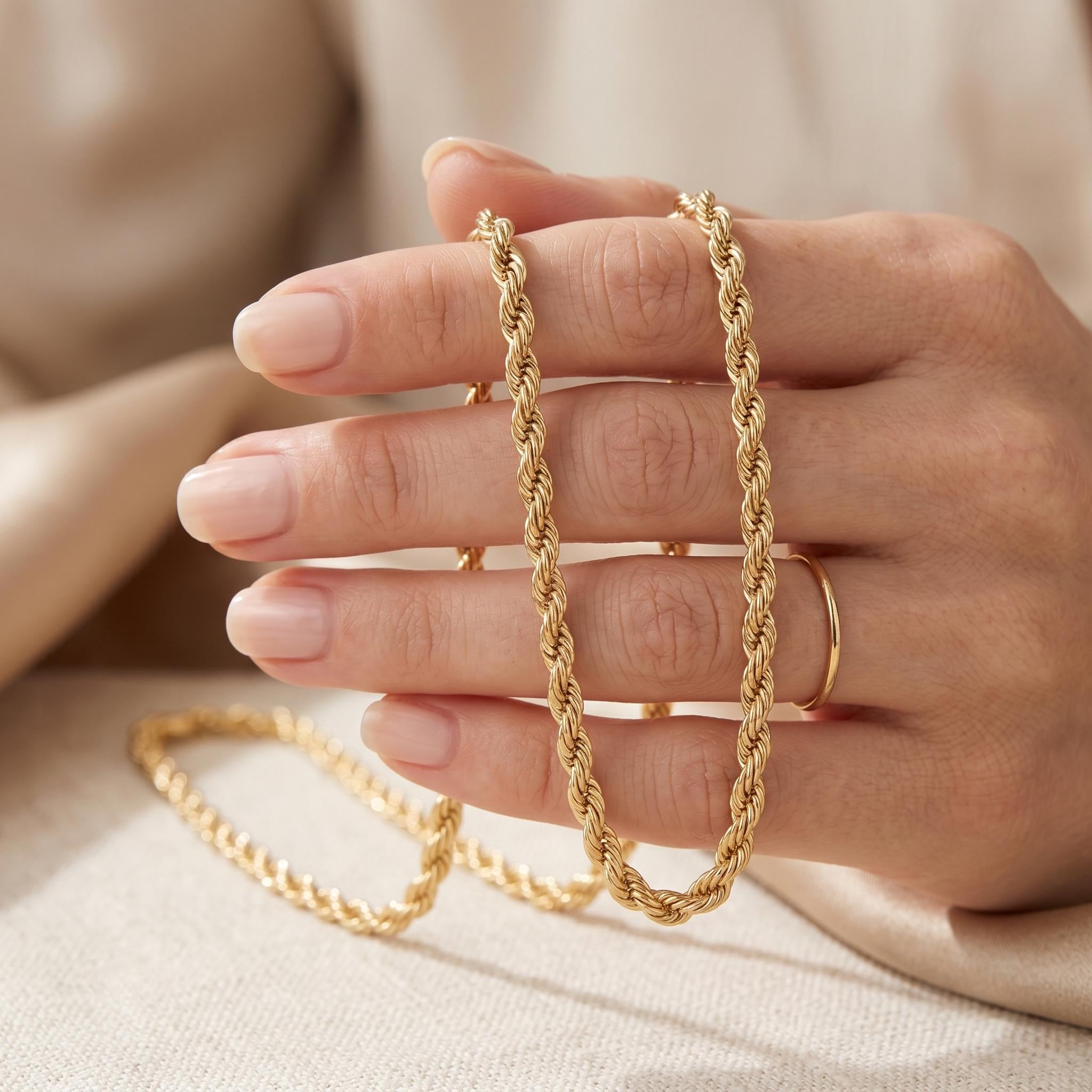 18K Gold Rope Chain: Diamond Cut Bracelet or Necklace, 4mm