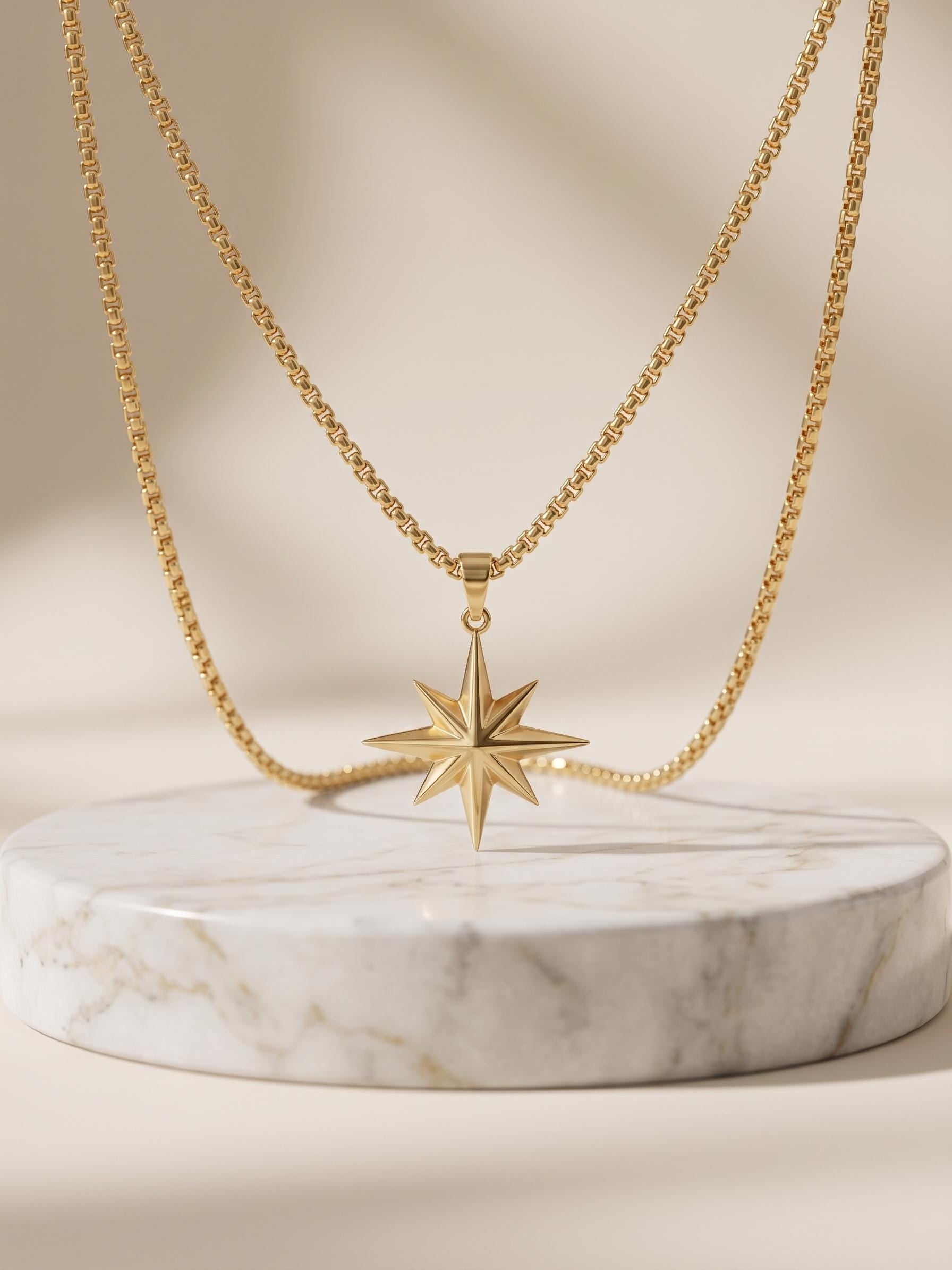 14k Gold Compass Star Necklace,2mm box chain: Traveler Charm Pendant