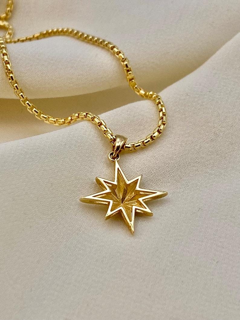 14k Gold Compass Star Necklace,2mm box chain: Traveler Charm Pendant