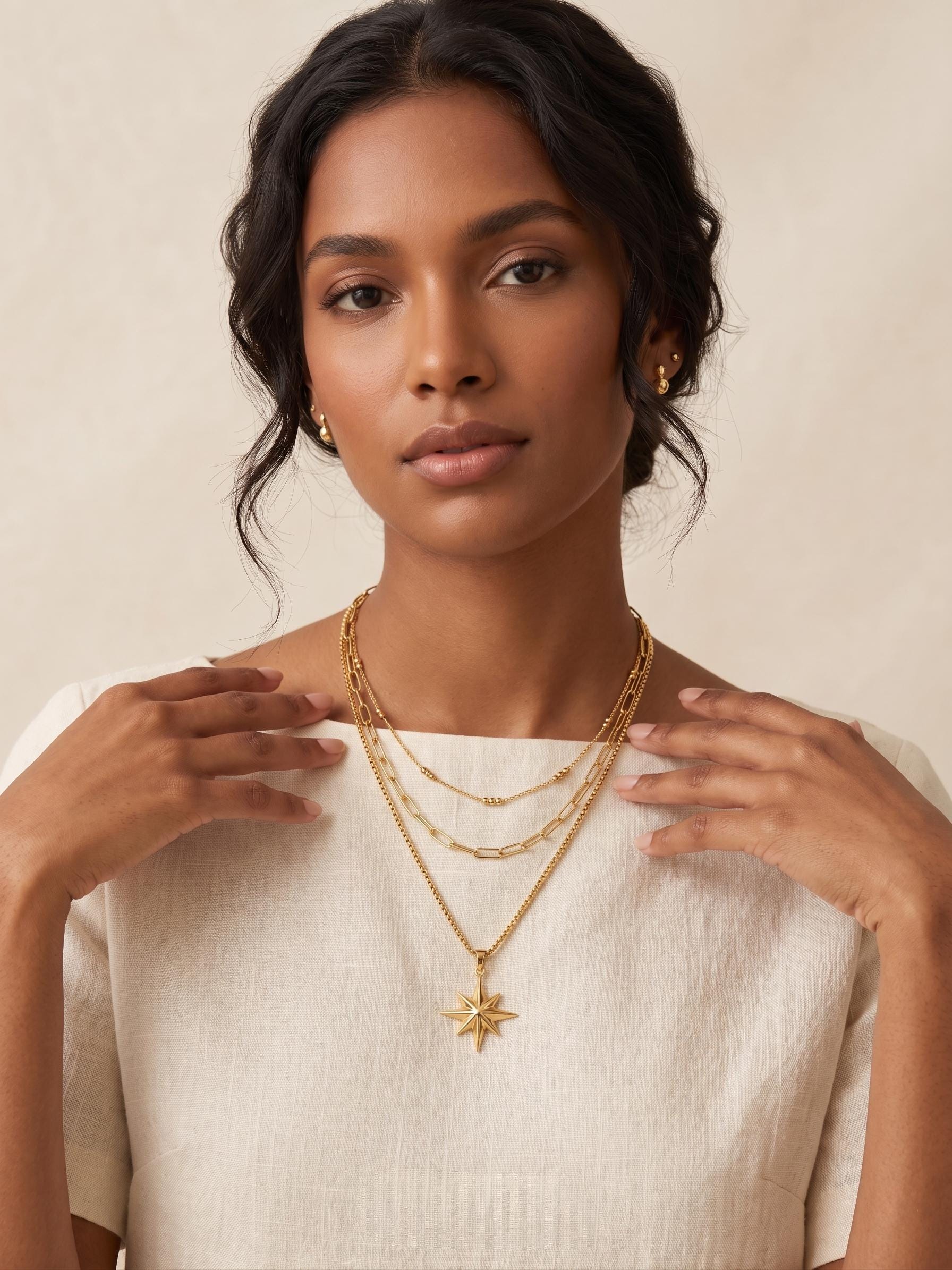 14k Gold Compass Star Necklace,2mm box chain: Traveler Charm Pendant