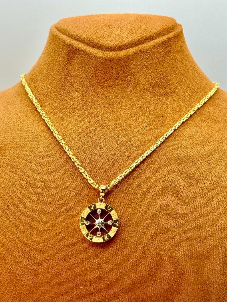 14K Gold Compass Pendant Necklace: Byzantine Chain,
