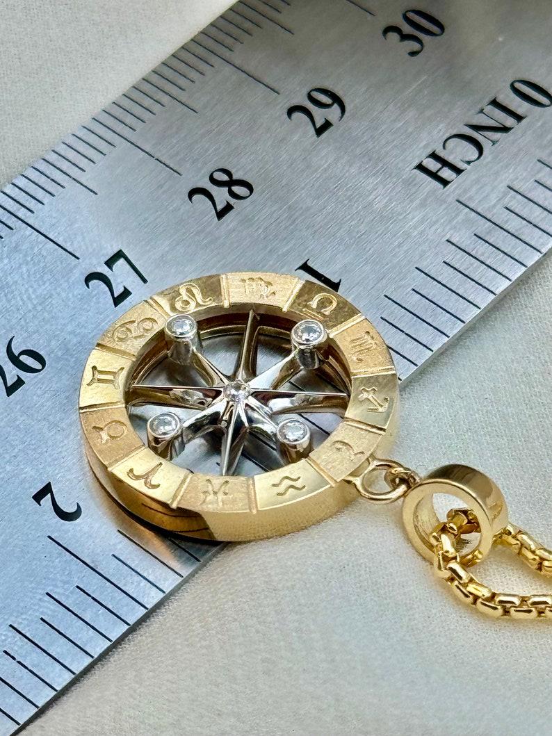 14K Gold Compass Pendant Necklace: Byzantine Chain,