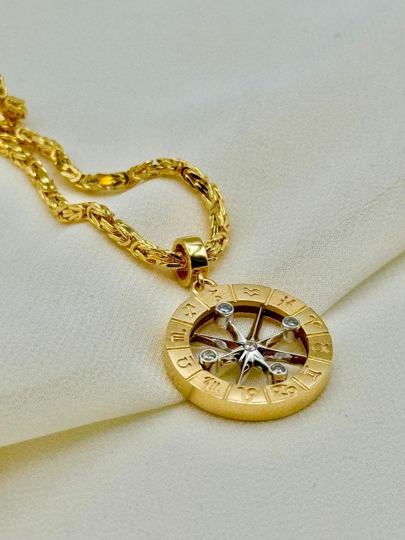 14K Gold Compass Pendant Necklace: Byzantine Chain,