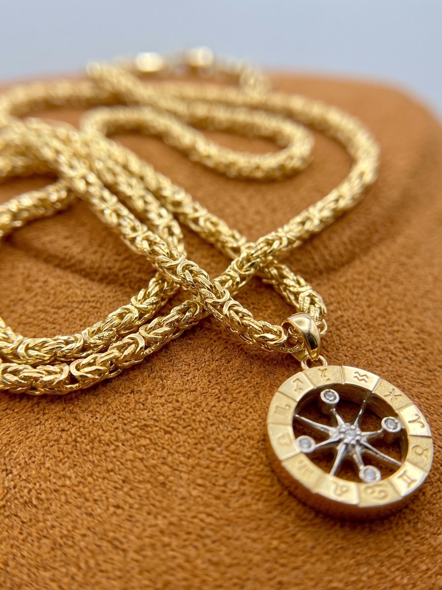 14K Gold Compass Pendant Necklace: Byzantine Chain,