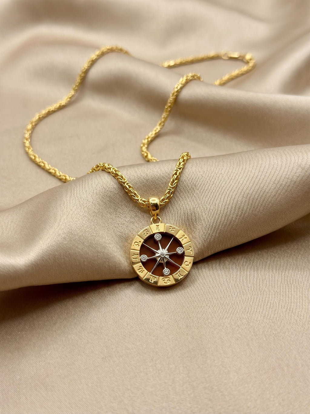 14K Gold Compass Pendant Necklace: Byzantine Chain,