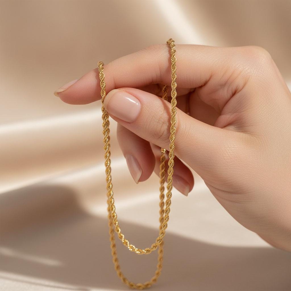 14k Real Gold Rope Chain Necklace - Diamond Cut, 2mm