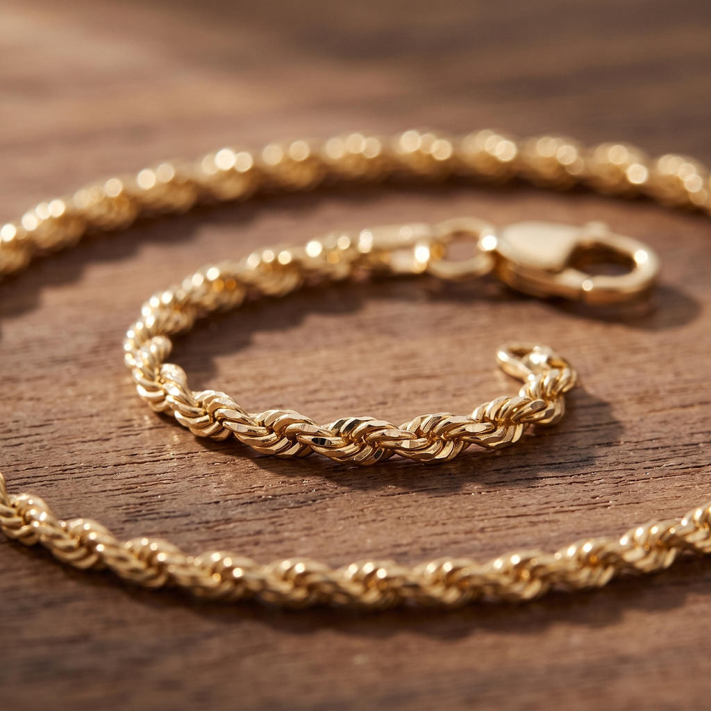 14k Real Gold Rope Chain Necklace - Diamond Cut, 2mm
