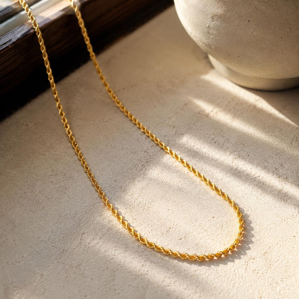14k Real Gold Rope Chain Necklace - Diamond Cut, 2mm