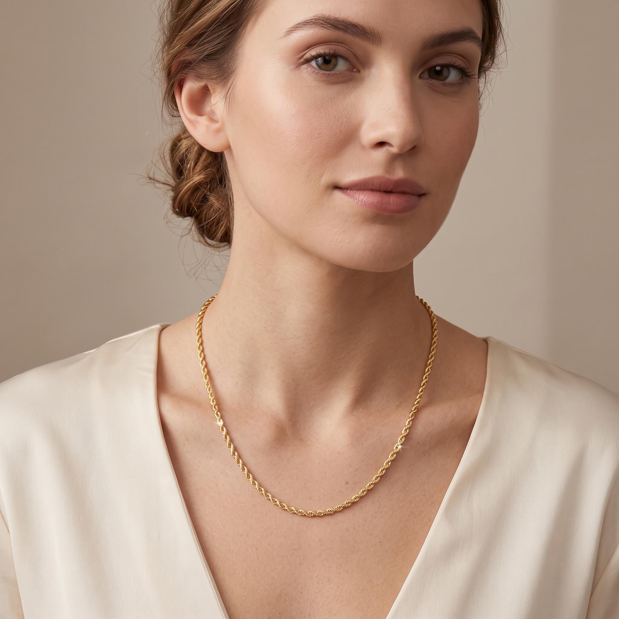 14k Real Gold Rope Chain Necklace - Diamond Cut, 2mm