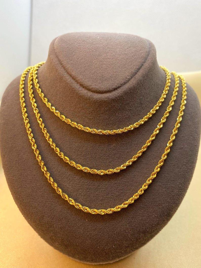 14k Real Gold Rope Chain Necklace - Diamond Cut, 2mm
