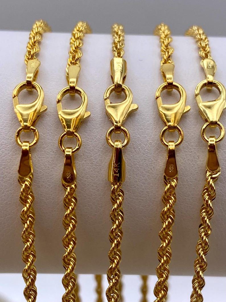 14k Real Gold Rope Chain Necklace - Diamond Cut, 2mm