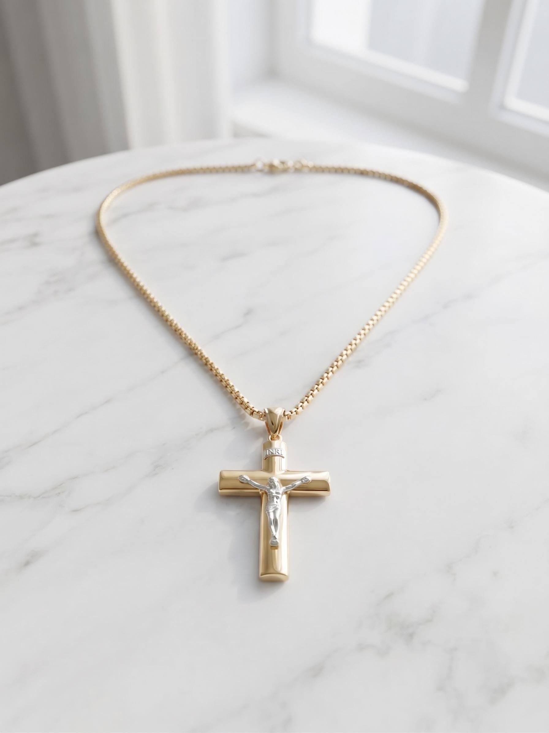 14k Real Gold Cross Necklace with 2.5mm Box Chain