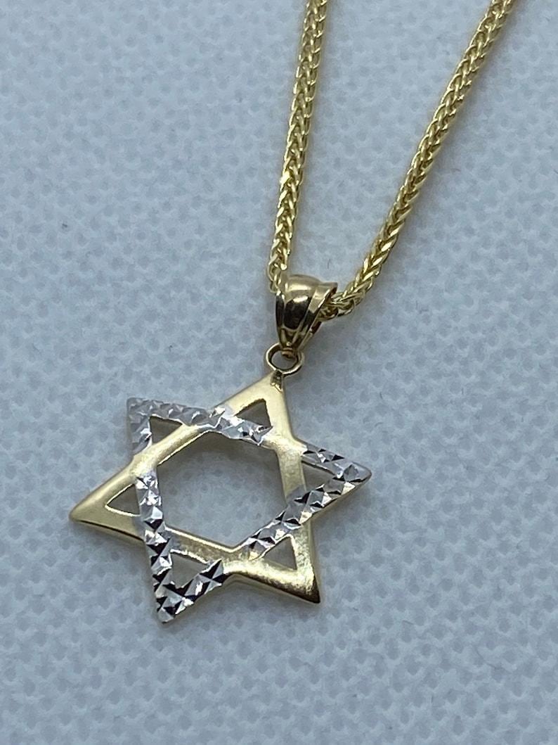 14k solid Gold Magen David Diamond cut, Franco Chain 21.5 inches 1.5 mm