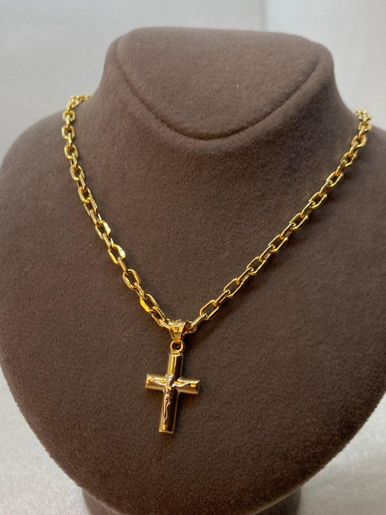 14k Gold Cross Necklace with Cable Chain: 23.5 inches, 3mm thickness
